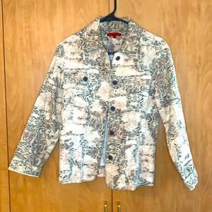 Joni B. Jacket. Textured embroidery print. Buttons up long sleeve. Tan and grey.